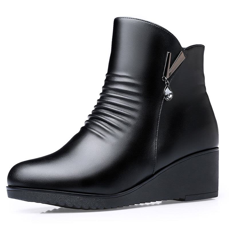 妈妈鞋棉鞋女秋冬季中年软底软面坡跟皮鞋加绒保暖短靴中老年女鞋图片