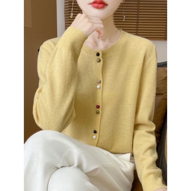 秋季新款小香风彩扣安迪绒针织圆领开衫女装毛衣外套上衣图片