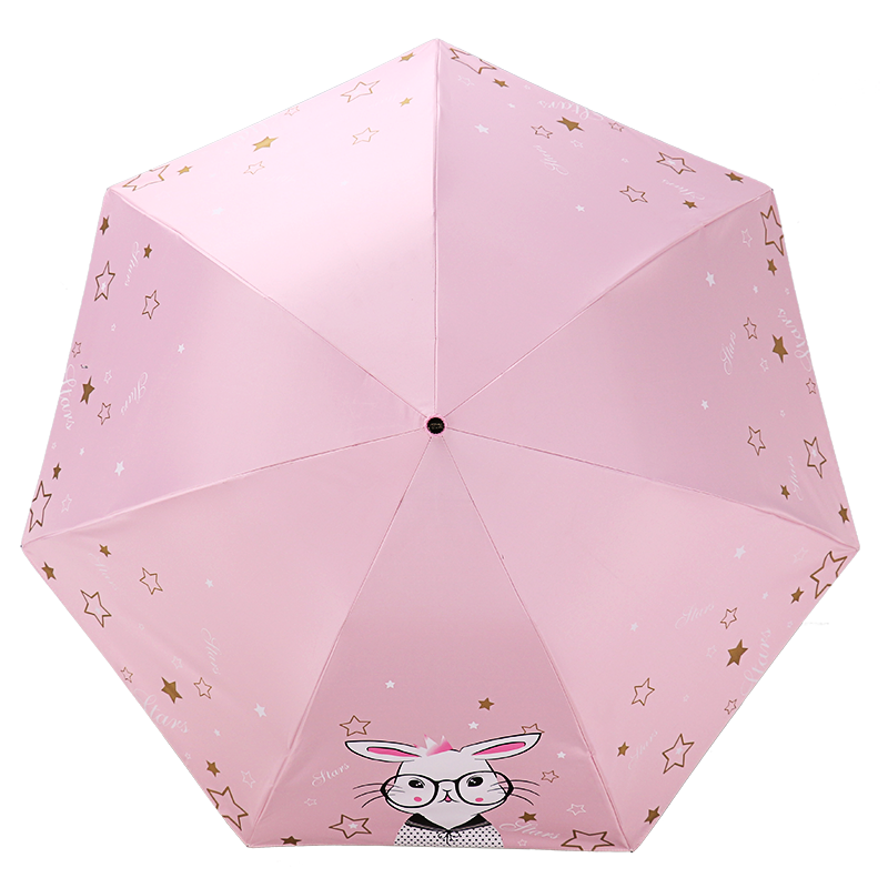 天堂伞 全遮光碰击布黑胶萌兔三折蘑菇遮阳伞太阳伞晴雨伞 706ELCJ