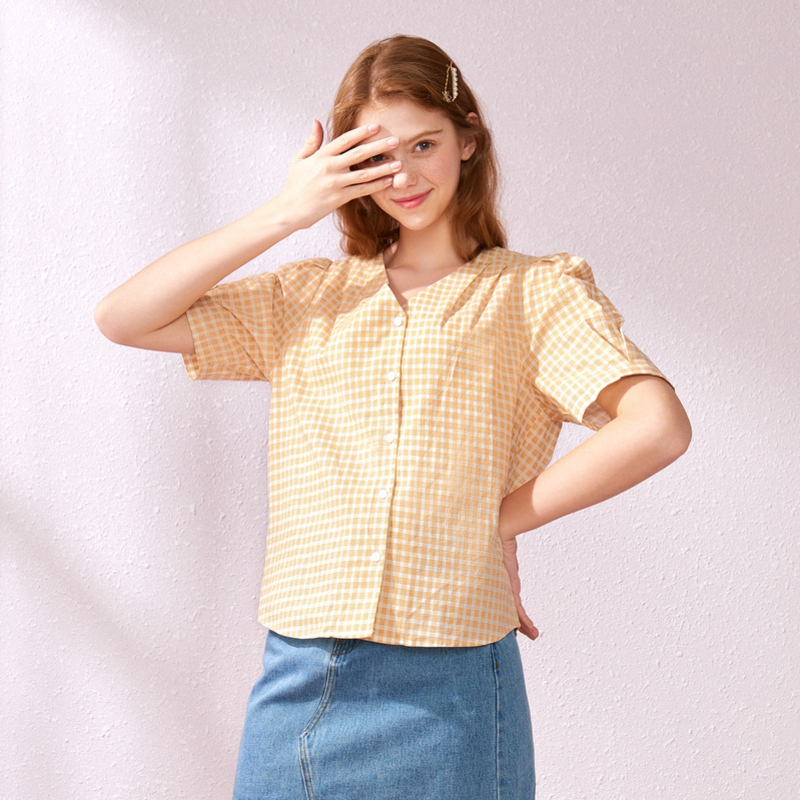 【领198-100券再购】Semir森马短袖衬衫女2019夏季新款格纹小清新衬衣学生V领田园风上衣潮