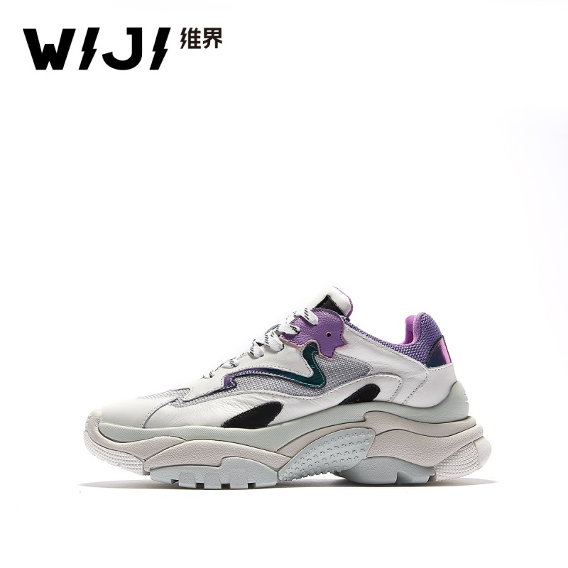 WIJI秋冬新款维界休闲运动网面拼色运动鞋厚底系带圆头低帮鞋ins