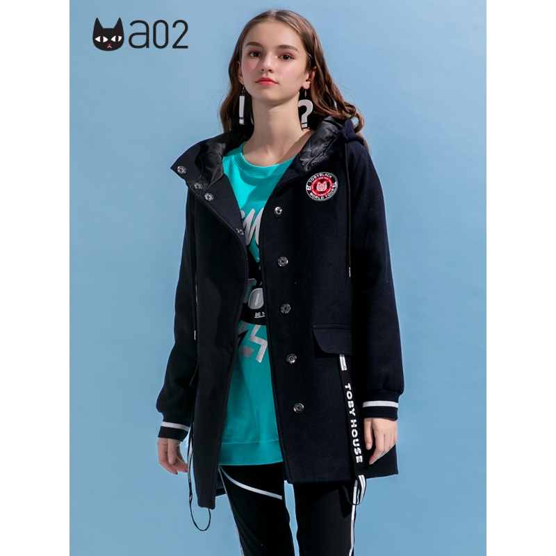 a02新款潮流刺绣印花字母飘带中长款毛呢外套女DTU5B0351CT