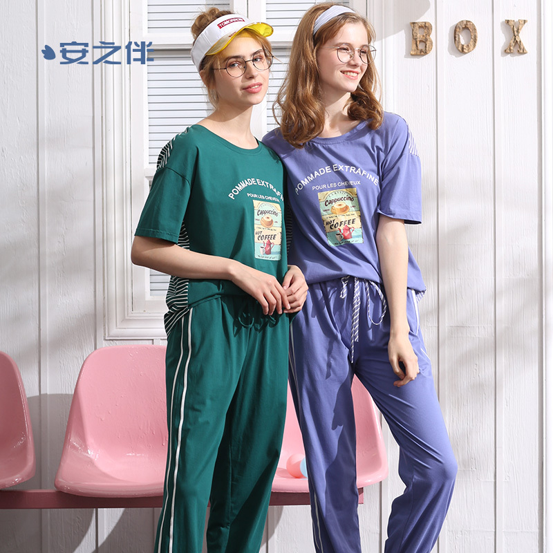 纯棉弹力针织素色插色织条短袖女套装