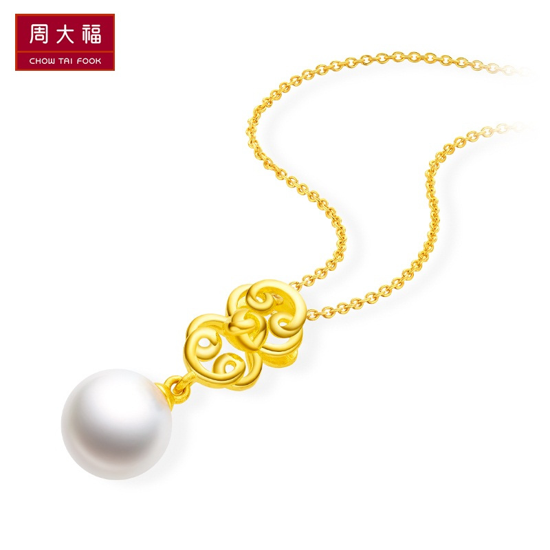 新款周大福珠宝首饰盘扣系列如意扣足金黄金珍珠吊坠r23717