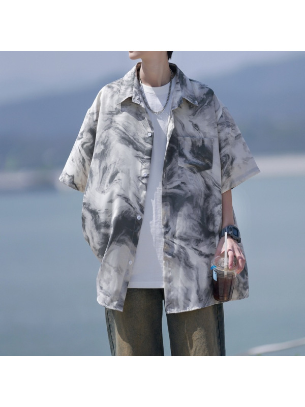 男装夏季海岛度假男女同款宽松短袖花衬衫痞帅时尚潮牌休闲男衬衣