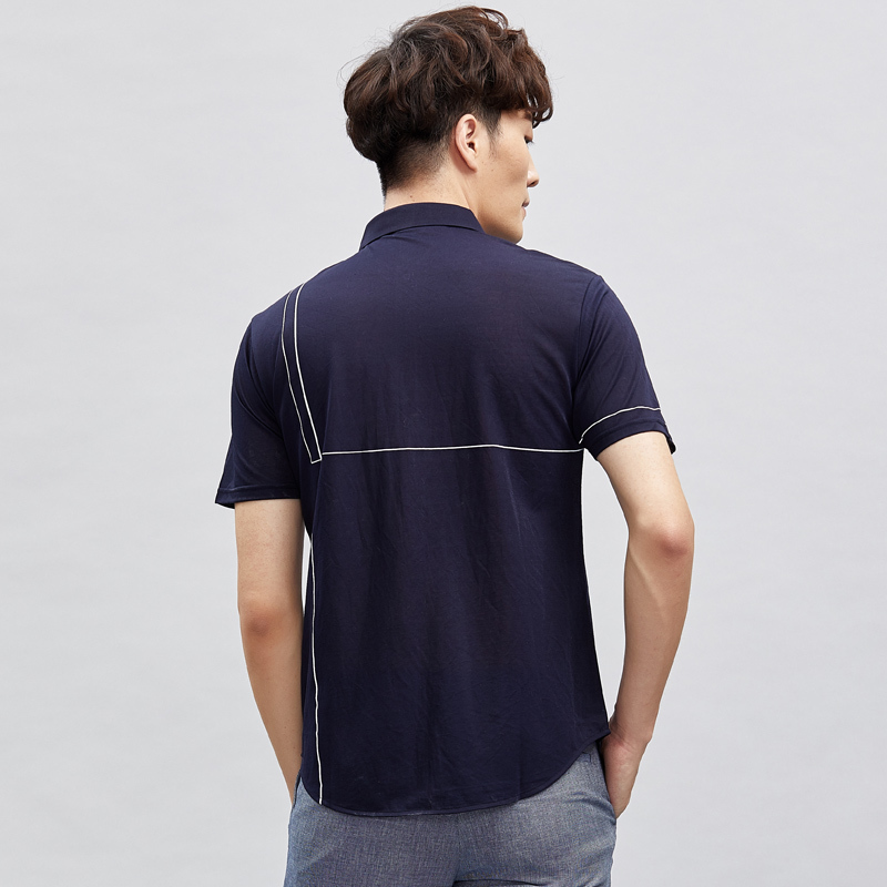 才子男装夏季新款男士青年经典翻领休闲t恤衫几何条纹翻领体恤衫