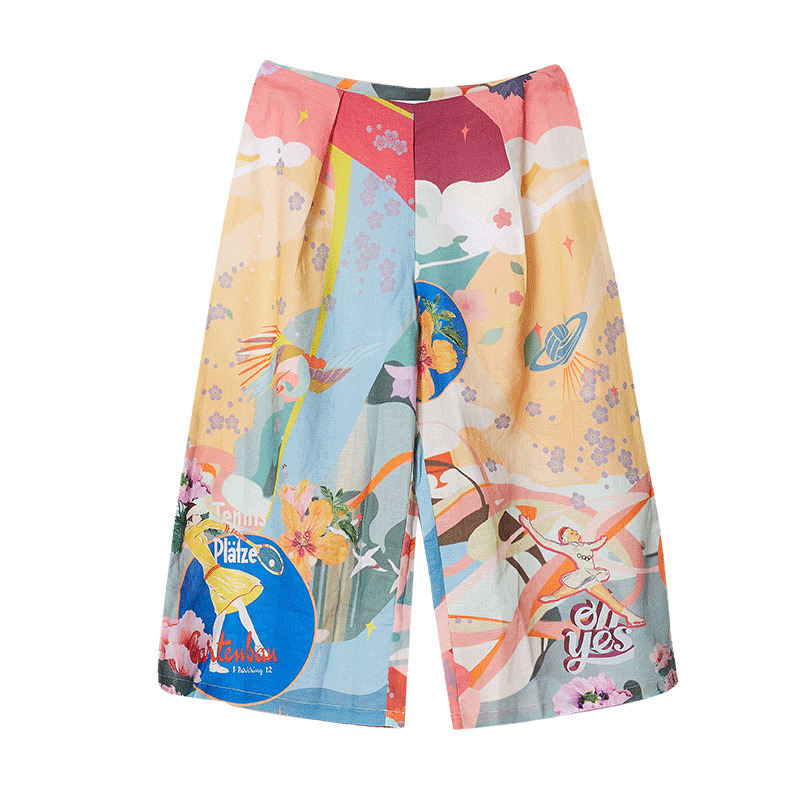 马克华菲女装2019夏休闲时尚印花七分裤 韩版宽松阔腿裤