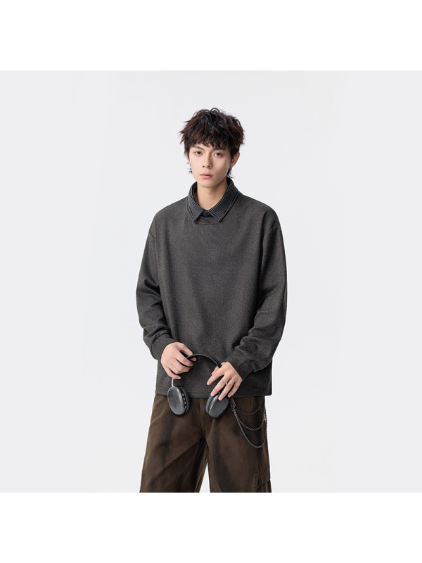 男装秋冬季保暖假两件衬衫领卫衣男士加绒韩版潮流休闲宽松打底衫