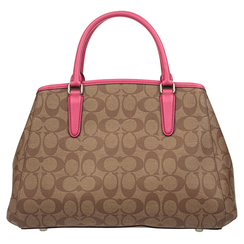 COACH 蔻驰 奢侈品 女士卡其配粉边PVC单肩手提包
