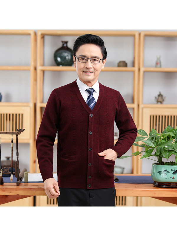 长袖纯色提花加厚开衫中年保暖大红喜庆外套爸爸装秋冬男式羊毛衫