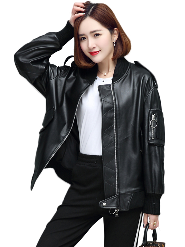 兰奥海宁2018冬季新款机车绵羊皮衣女夹克长袖刺绣宽松bf风短款外套女