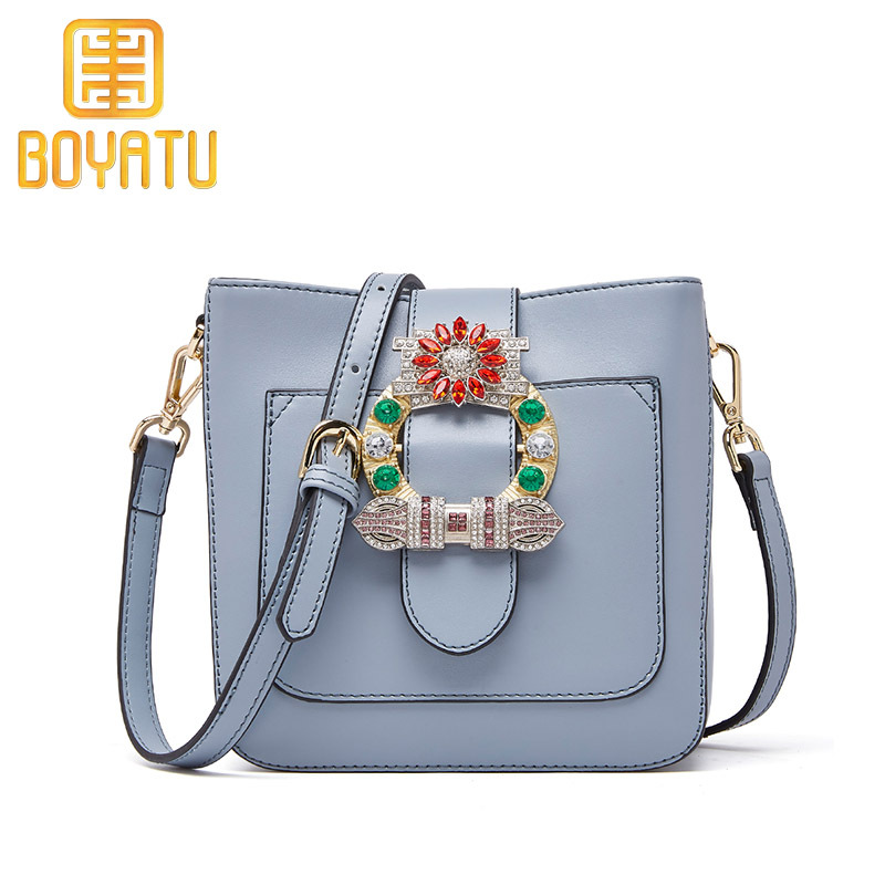 柏雅图（boyatu）斜挎包女韩版时尚百搭牛皮水桶包真单肩包