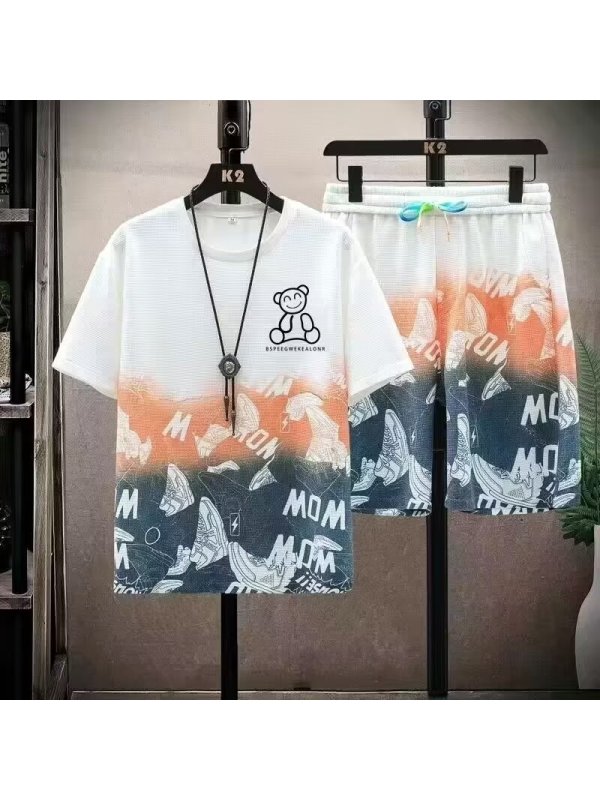 夏季薄款运动套装男士数码印花熊休闲短袖短裤两件套