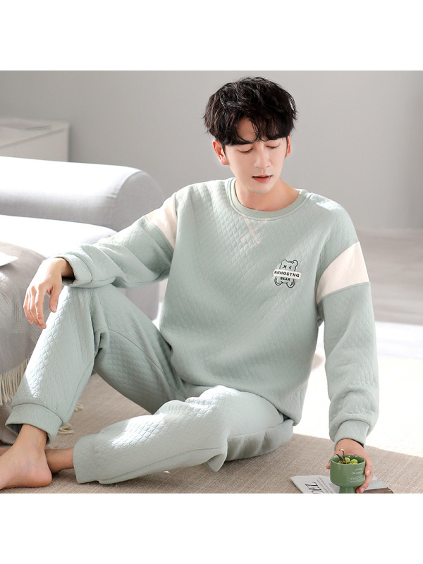 空气夹棉睡衣男士秋冬季加厚长袖韩版新款家居服保暖套装