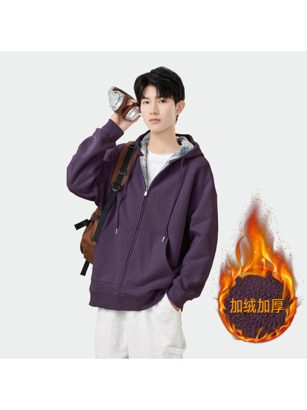 复古格子连帽开衫卫衣加绒秋冬季拼接宽松插兜摇粒绒拉链外套男士