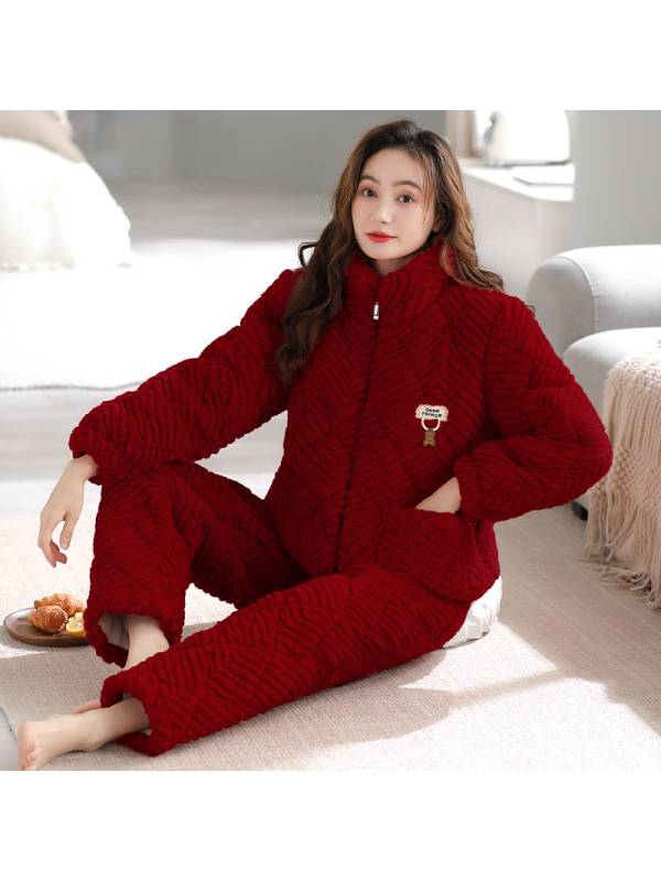 女士三层加厚珊瑚绒夹棉睡衣秋冬季法兰牛奶绒保暖棉袄家居服套装