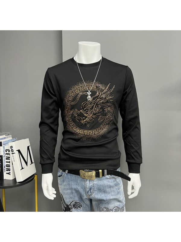 本命年红色长袖卫衣男龙年冬季时尚烫钻青年网红T恤打底衫潮