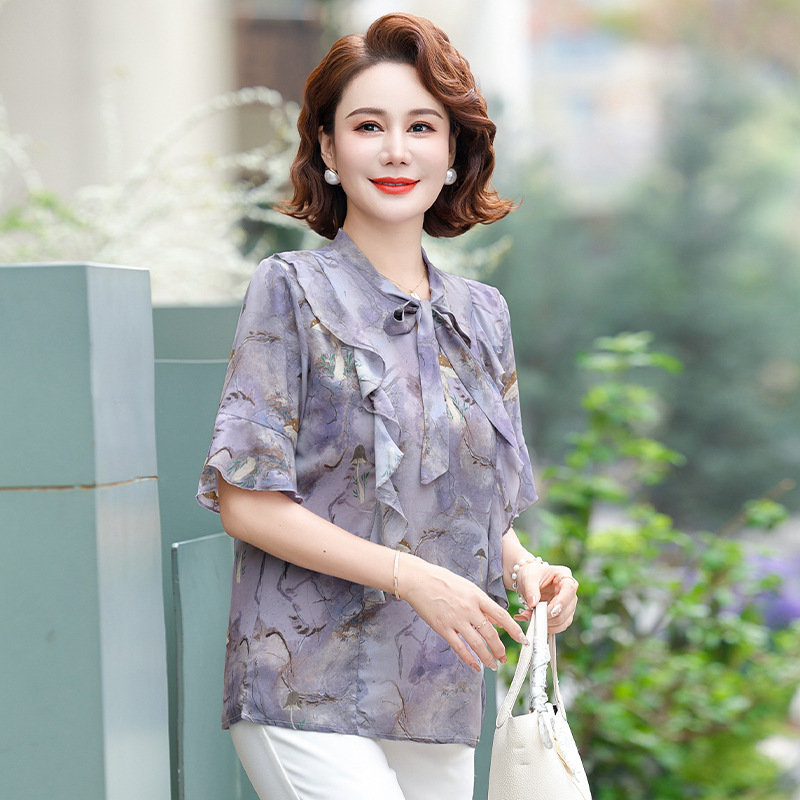 妈妈夏季薄款洋气套装上衣服新款中老年女夏雪纺小衫 阔腿裤