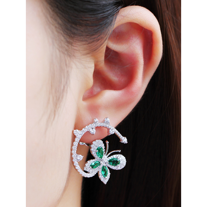 apmmonaco绿晶钻蝴蝶耳钉女士人气时尚穿孔925银耳饰经典百搭首饰品