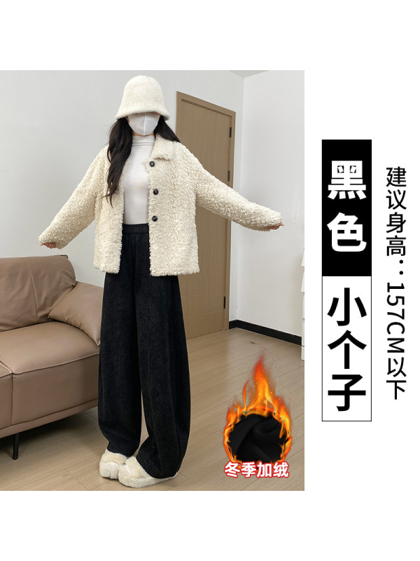 灰色毛呢裤女秋冬季加绒灯芯绒直筒小个子加厚羊羔绒阔腿裤子