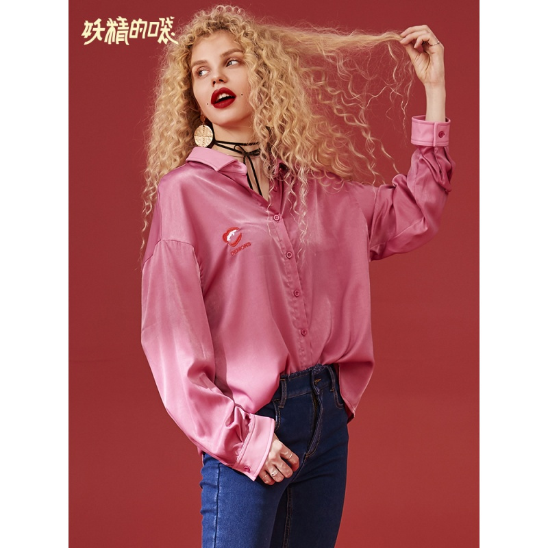 妖精的口袋Y秋装宽松慵懒风上衣街头绣花长袖衬衫女潮流Q_1