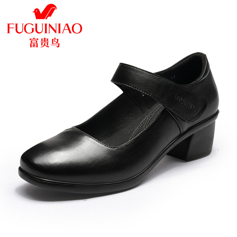 富贵鸟（FUGUINIAO)18年春新款粗跟中跟圆头浅口小皮鞋玛丽珍单鞋复古女鞋