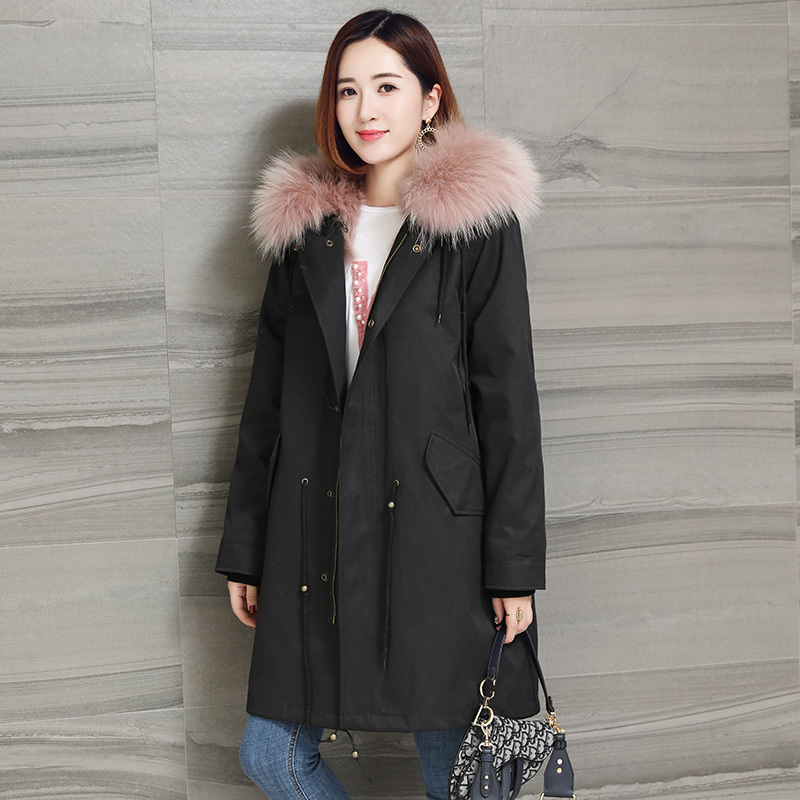 憨厚皇后 2018秋冬季新款海宁貉子毛内胆派克服外套女士加长款修身夹棉皮草大衣99