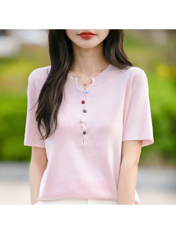 女夏季彩色纽扣V领短袖T恤针织衫2025新款短款辣妹风修身显瘦上衣
