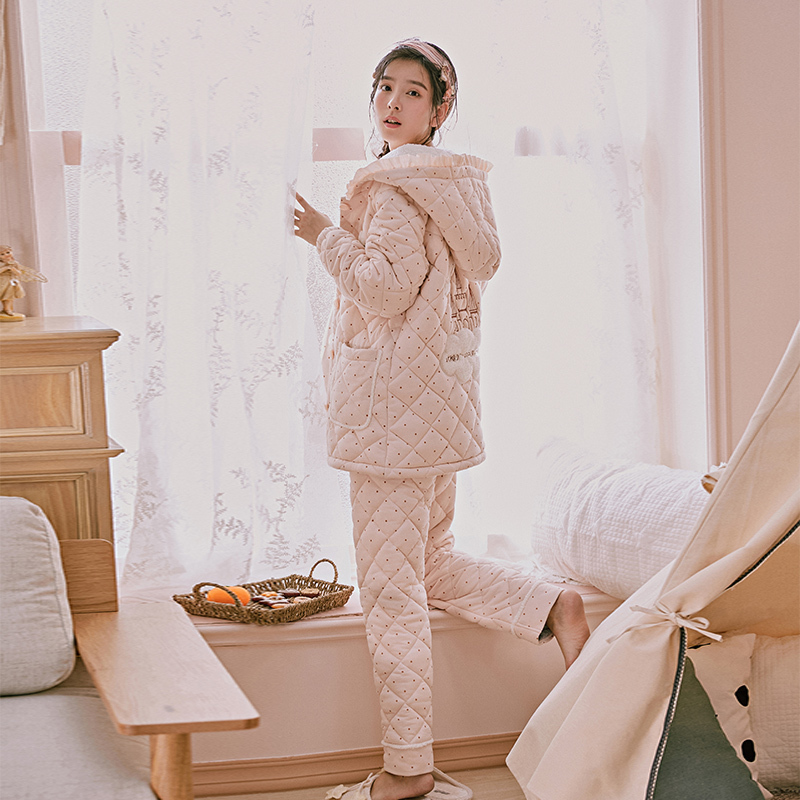 芬腾千线艺冬睡衣女士珊瑚绒加厚开衫棉袄夹棉夹层冬款家居服套装