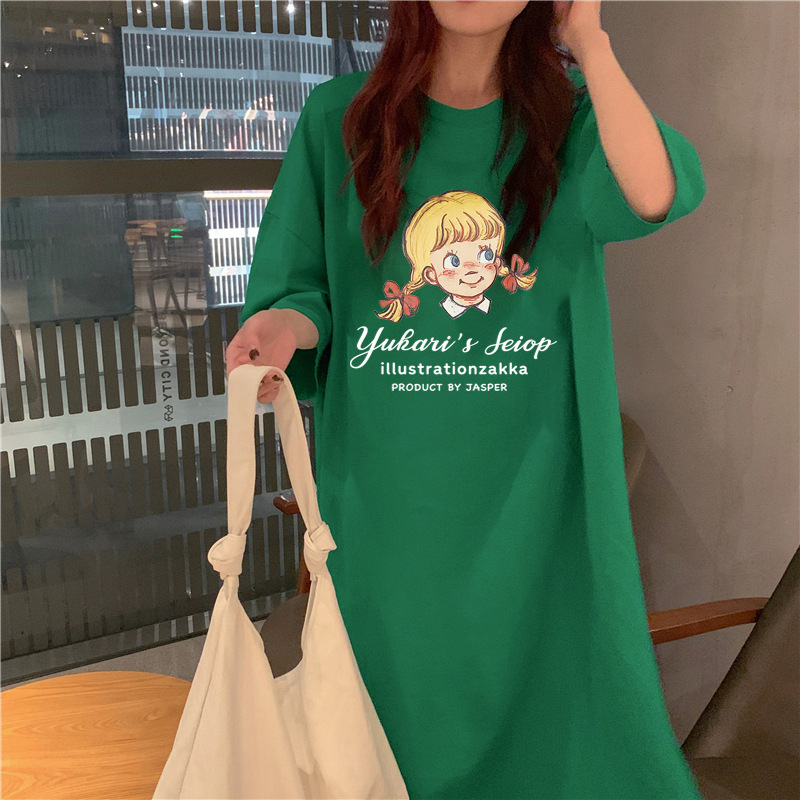 6535棉夏季新款韩版宽松字母印花学生开叉短袖中长款连衣裙女INS