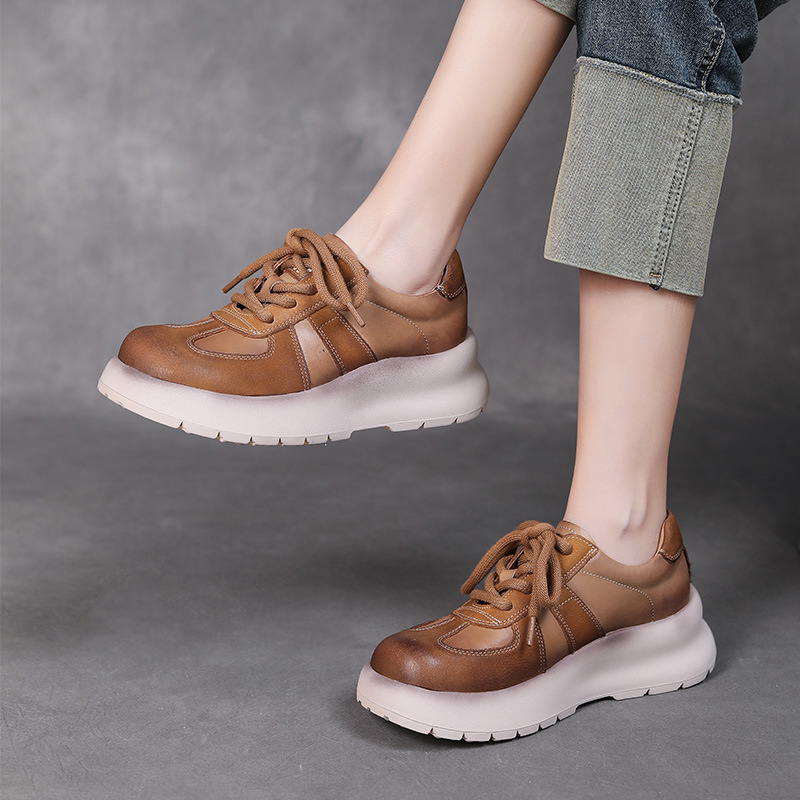 头层牛皮复古手工鞋2024春季新百搭厚底圆头系带运动休闲真皮女鞋