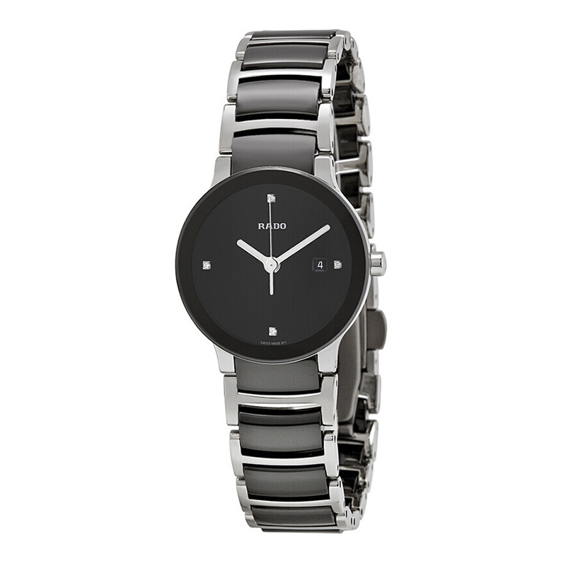 雷达rado瑞士手表晶萃系列时尚优雅简约款石英女表28mm镶钻黑盘陶瓷