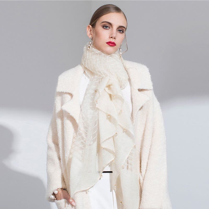 宏达HONDAR 女款纯色优美真丝马海毛手工钉珠羊毛围巾披肩 WJ764图片