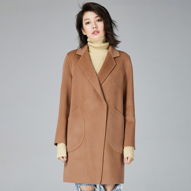 farm)纯色简洁个性女士中长款保暖双面呢100%羊毛呢子女式毛呢大衣