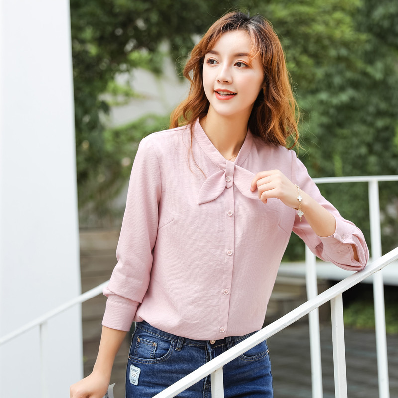 芊艺甜美蝴蝶结长袖衬衫女2019秋装新款韩版显瘦小清新上衣10457
