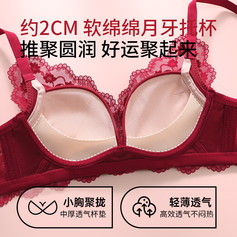 蛇年本命年红色性感蕾丝内衣女小胸聚拢文胸收副乳防下垂纯欲胸罩