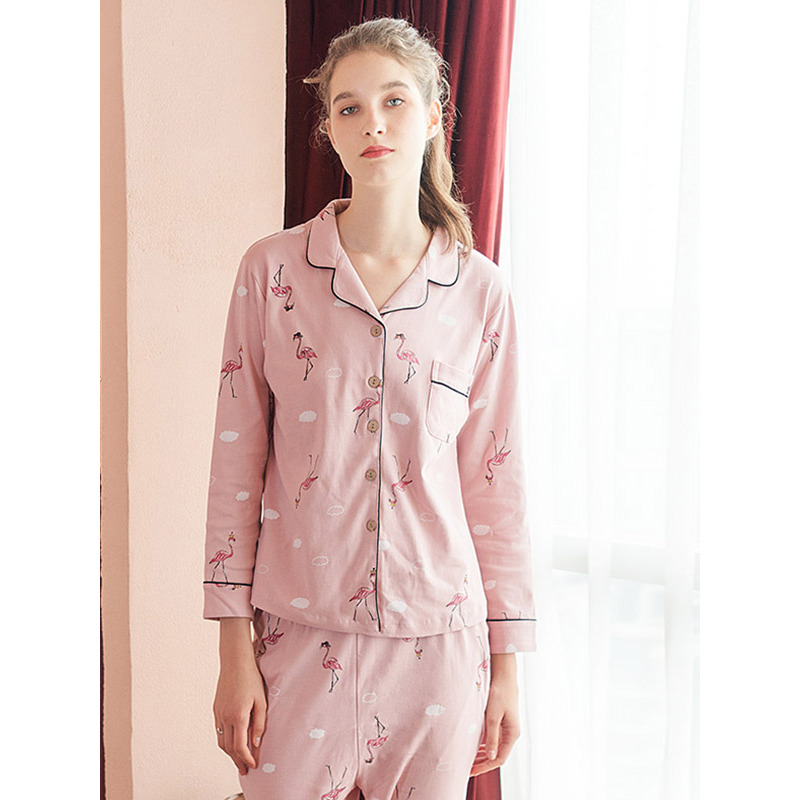 爱帝秋新款长袖睡衣女纯棉家居服火烈鸟棉居家服ins风两件套