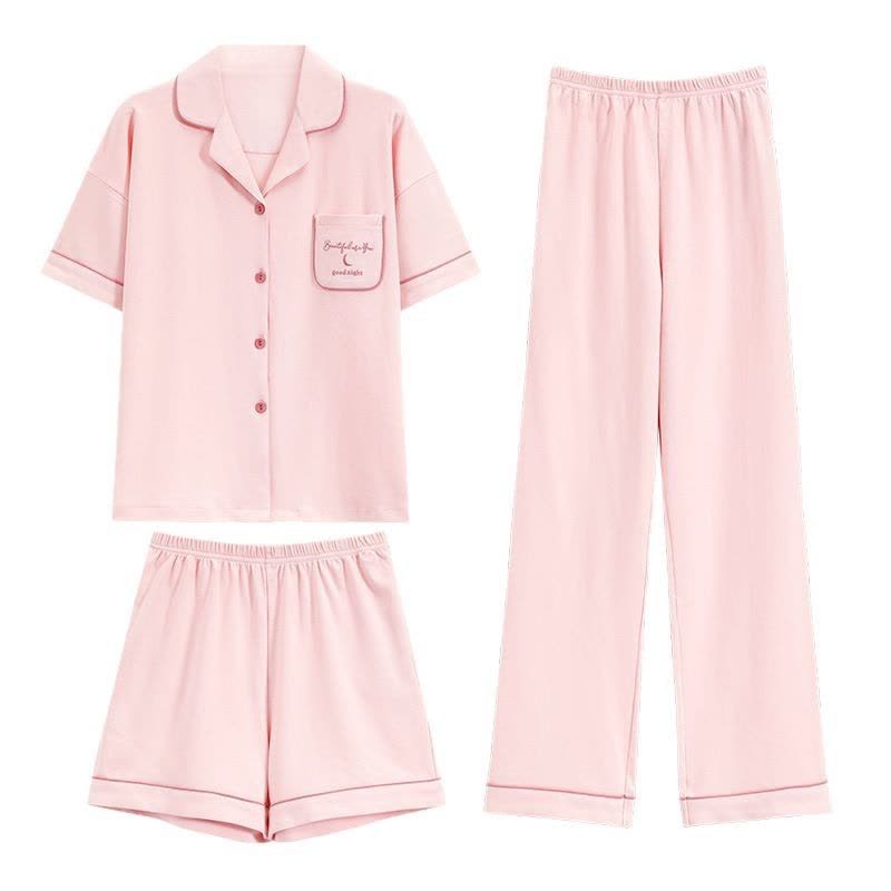 夏季女士睡衣新款开衫polo领短袖短裤三件套清新少女可外穿家居服图片