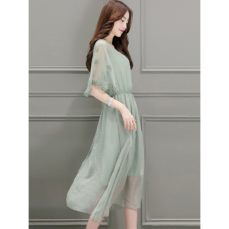 丝柏舍2019夏季女装圆领纯色高腰中长款连衣裙S82R1360L