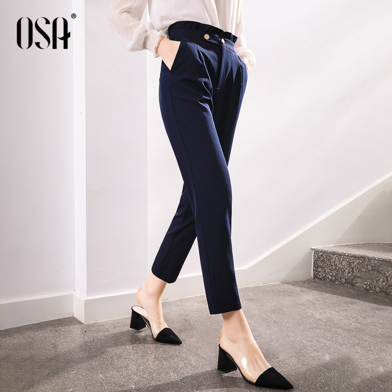 OSA欧莎夏新款韩版时尚打底直筒九分运动休闲裤女高腰裤子