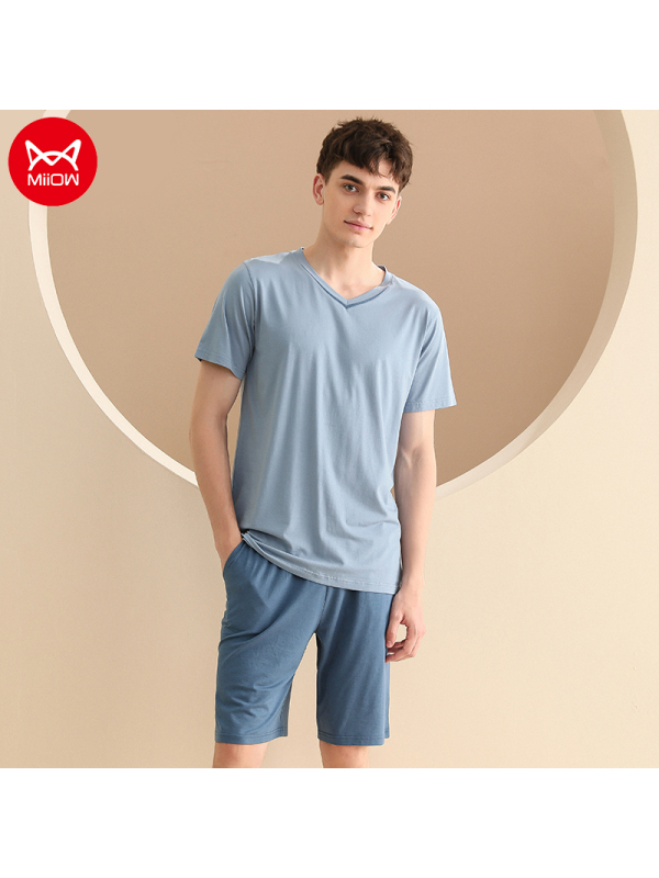 猫人睡衣男士春秋居家服薄款休闲莫代尔短袖短裤夏季家居服套装夏