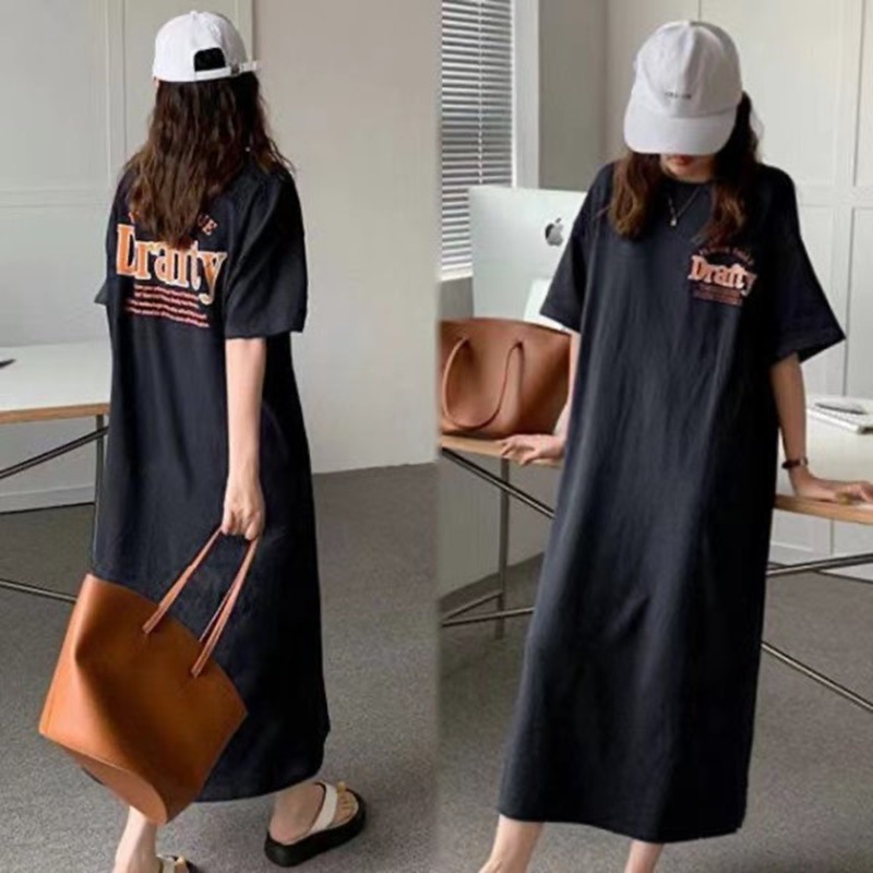 韩国大码T恤女装夏季新款开叉长裙打底衫上衣过膝胖妹妹连衣裙女