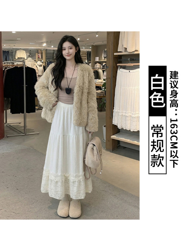 白色蕾丝半裙女秋冬高腰a字大摆半身长裙毛绒巨好看的蓬蓬蛋糕裙