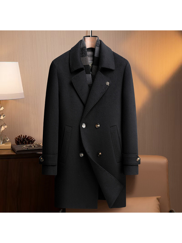 高端含羊绒羊毛双面呢大衣男士秋冬新款脱卸围巾鹅绒马甲羊绒外套