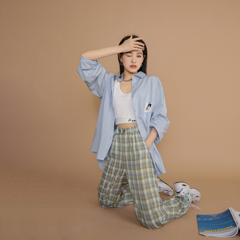 OtherMix蓝风铃格子裤2021年新款阔腿高腰垂感春季显瘦束脚裤子女