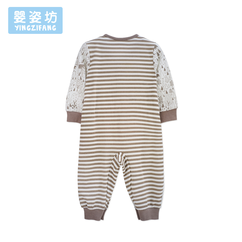 婴姿坊秋新款男童长袖条纹印花拼接圆领前开扣连体衣 0-2岁宝宝