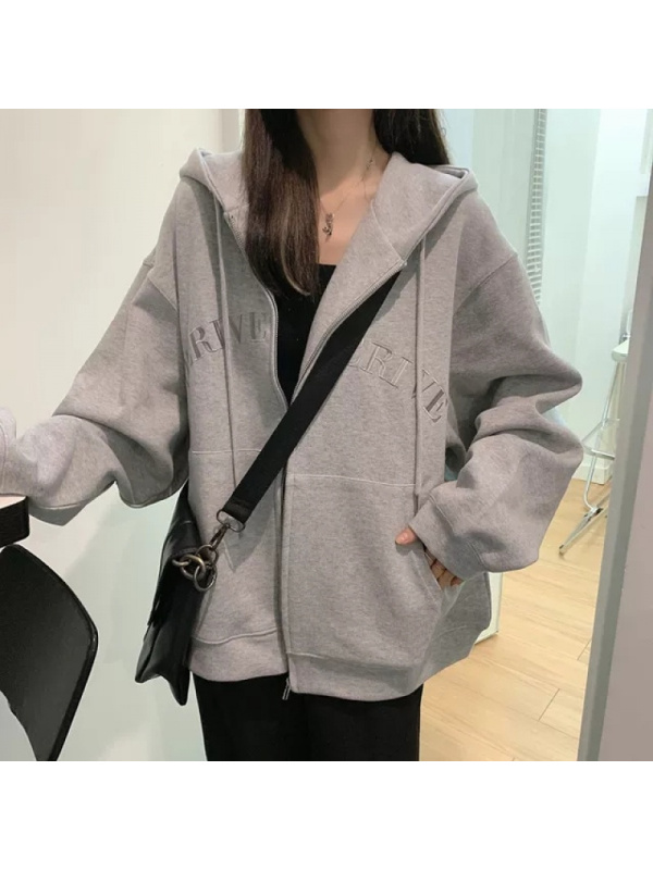 灰色连帽卫衣女春秋季新款小个子慵懒风长袖BF风外套开衫上衣ins