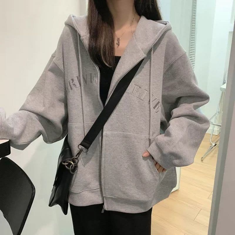 灰色连帽卫衣女春秋季新款小个子慵懒风长袖BF风外套开衫上衣ins图片