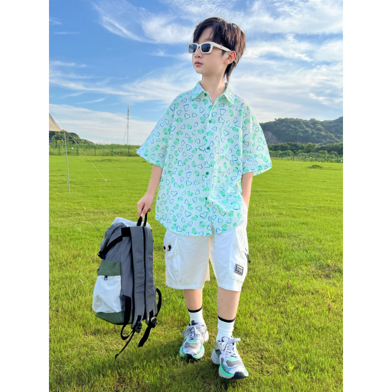 男童夏装衬衫套装2025新款儿童夏季短袖中大童夏款帅气男孩衣服潮