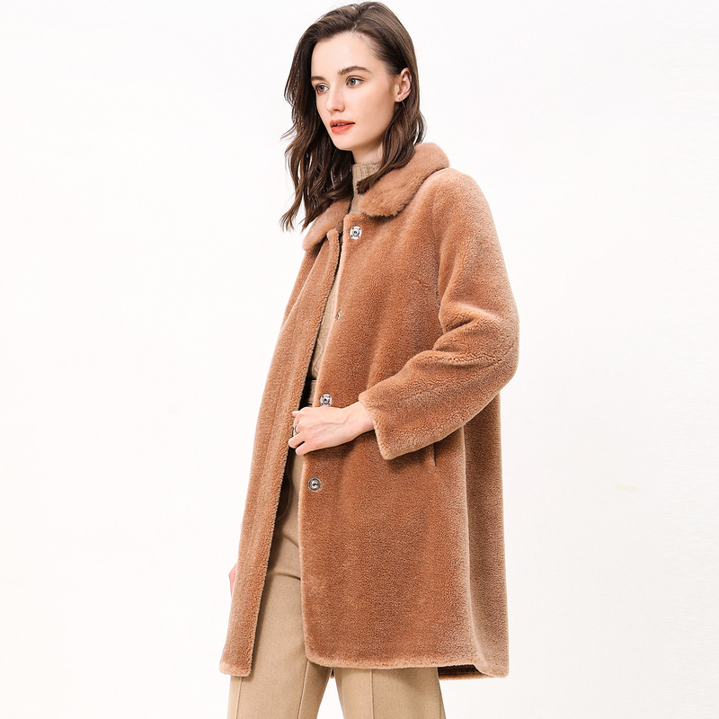 恒源祥大衣女颗粒羊剪绒中长款秋冬复合皮毛一体羊羔全毛女装外套视频